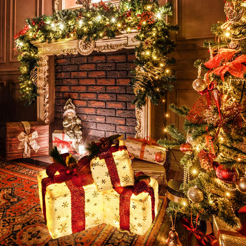 Set of 3 Christmas Lighted Gift Boxes Decorations Indoor Pre Lit 60LED Boxes with Snowflake and Bows Battery Operated Christmas Lights Decor for
